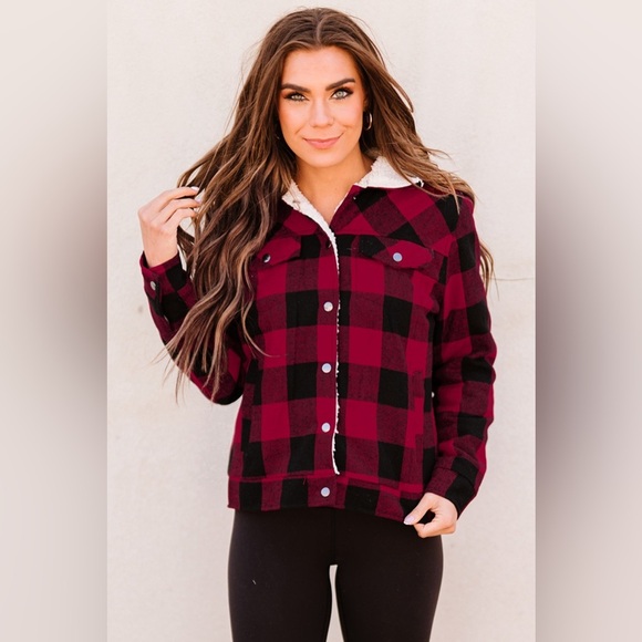 Plaid Fleece Lining Jacket Red